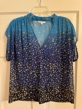 CAbi Blue Ombre Dot V-Neck Top with Gold Spots